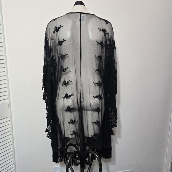 Black Lace Fringe Swim Coverup Kimono - Picture 2 of 4
